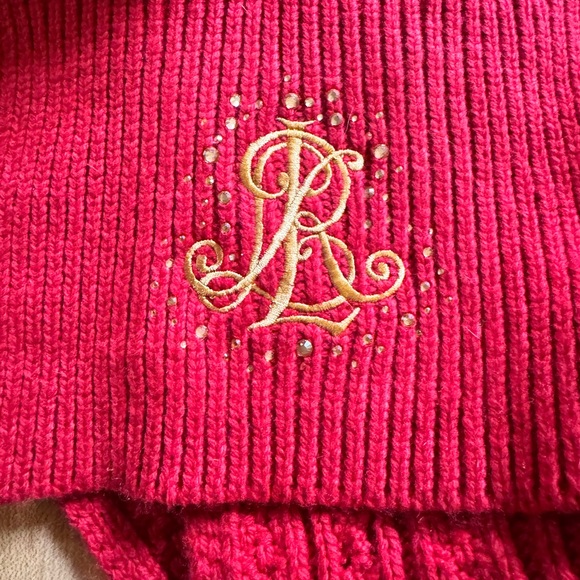 Lauren Ralph Lauren Red Cable Knit Scarf Logo Monogram RL Rhinestone Accent - Picture 4 of 5